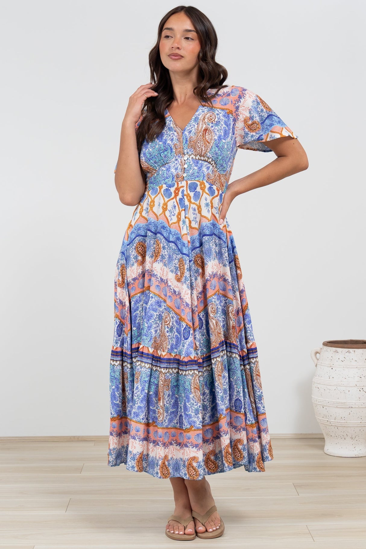 Libby Maxi Dress - Flutter Cap Sleeve Button Waist Detailed A Line Dress in Belly Print