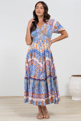 Libby Maxi Dress - Flutter Cap Sleeve Button Waist Detailed A Line Dress in Belly Print