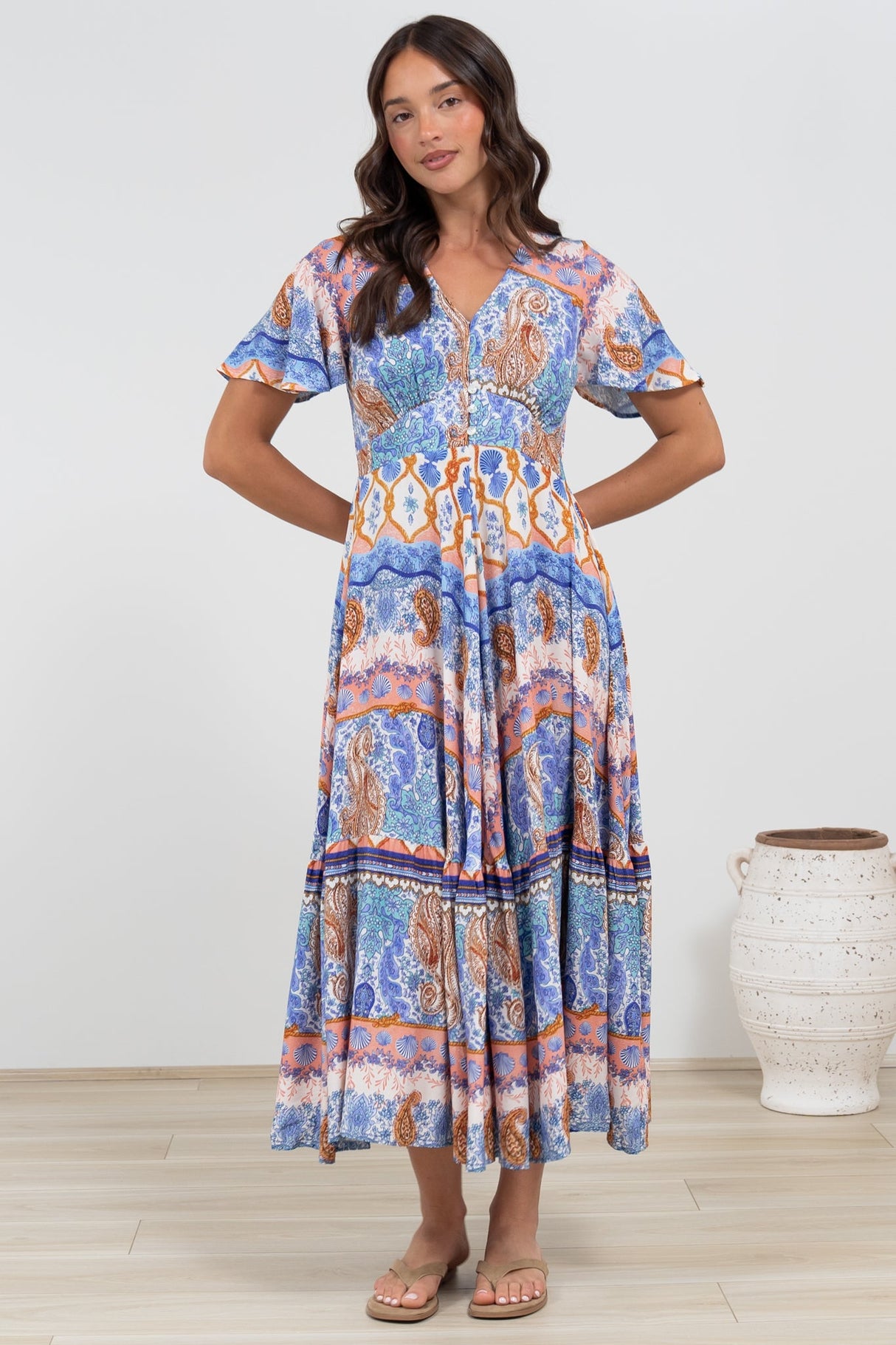Libby Maxi Dress - Flutter Cap Sleeve Button Waist Detailed A Line Dress in Belly Print