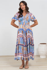 Libby Maxi Dress - Flutter Cap Sleeve Button Waist Detailed A Line Dress in Belly Print