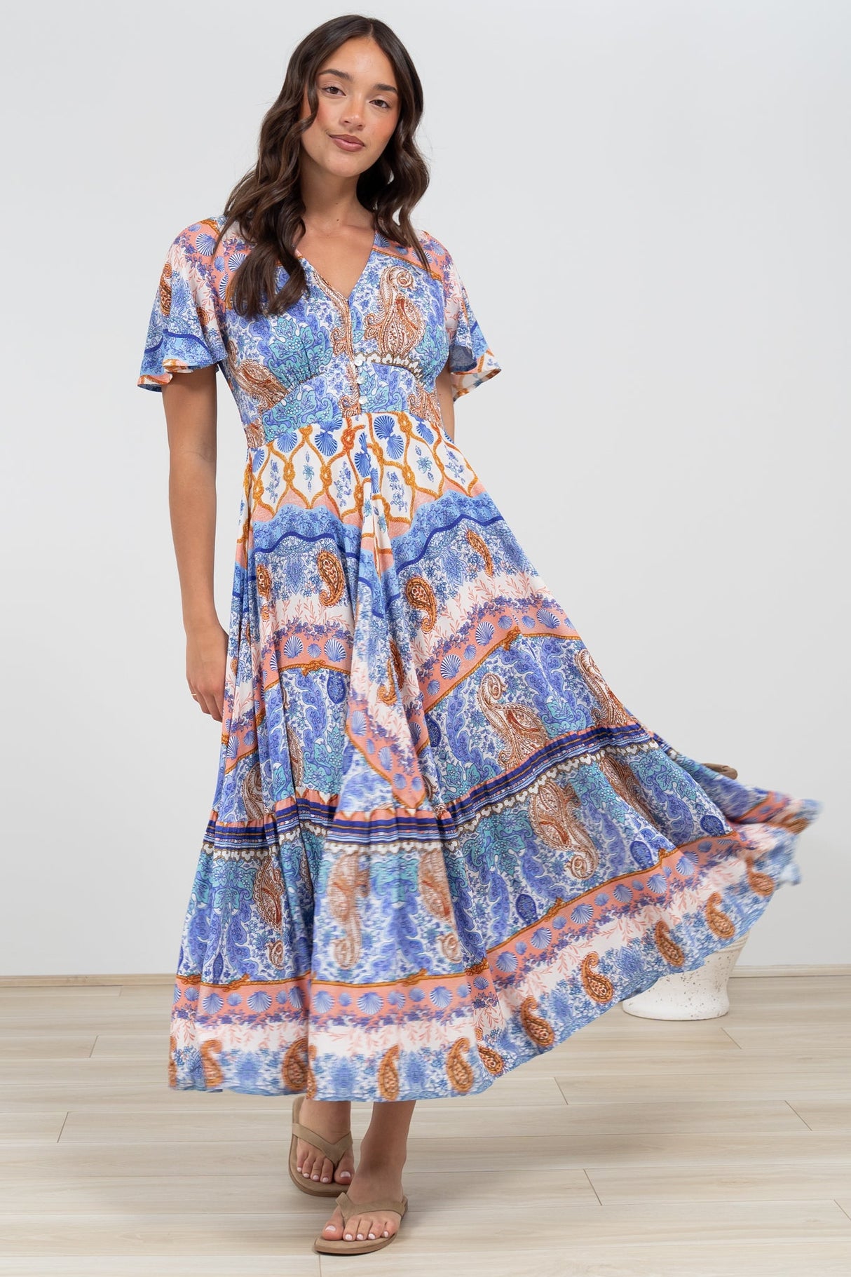 Libby Maxi Dress - Flutter Cap Sleeve Button Waist Detailed A Line Dress in Belly Print