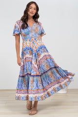 Libby Maxi Dress - Flutter Cap Sleeve Button Waist Detailed A Line Dress in Belly Print