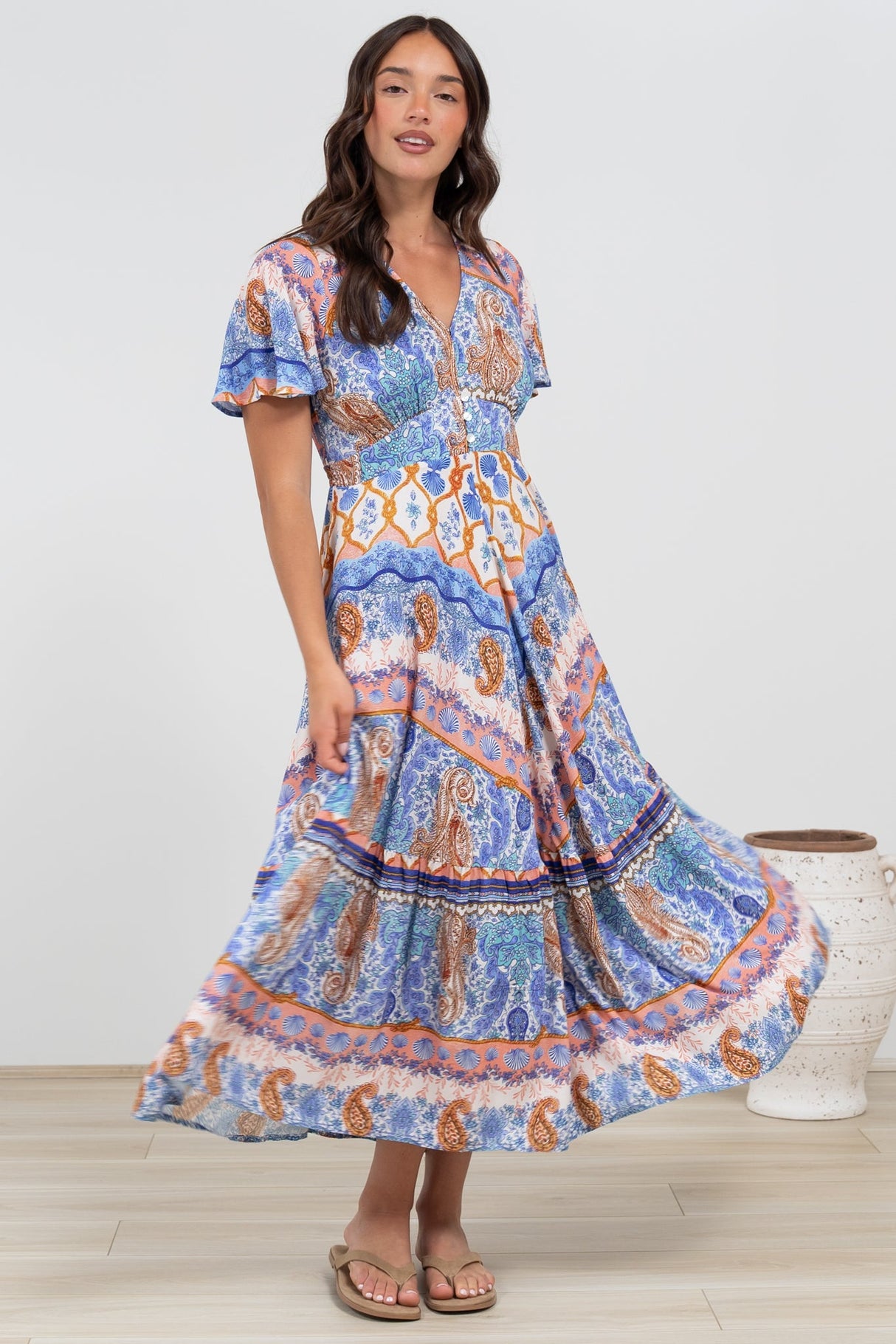 Libby Maxi Dress - Flutter Cap Sleeve Button Waist Detailed A Line Dress in Belly Print