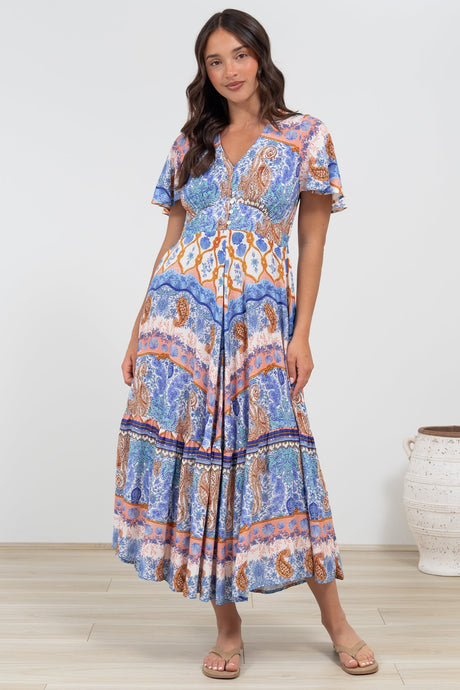 Libby Maxi Dress - Flutter Cap Sleeve Button Waist Detailed A Line Dress in Belly Print