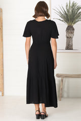 Libby Maxi Dress - Flutter Cap Sleeve Button Waist Detailed A Line Dress in Black