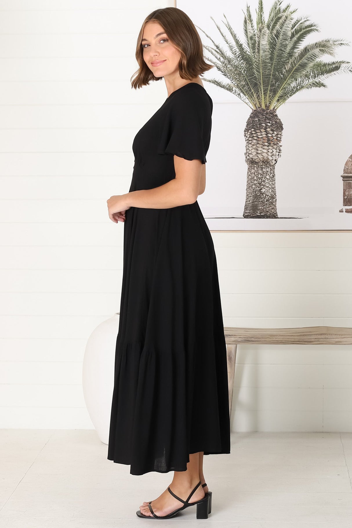 Libby Maxi Dress - Flutter Cap Sleeve Button Waist Detailed A Line Dress in Black