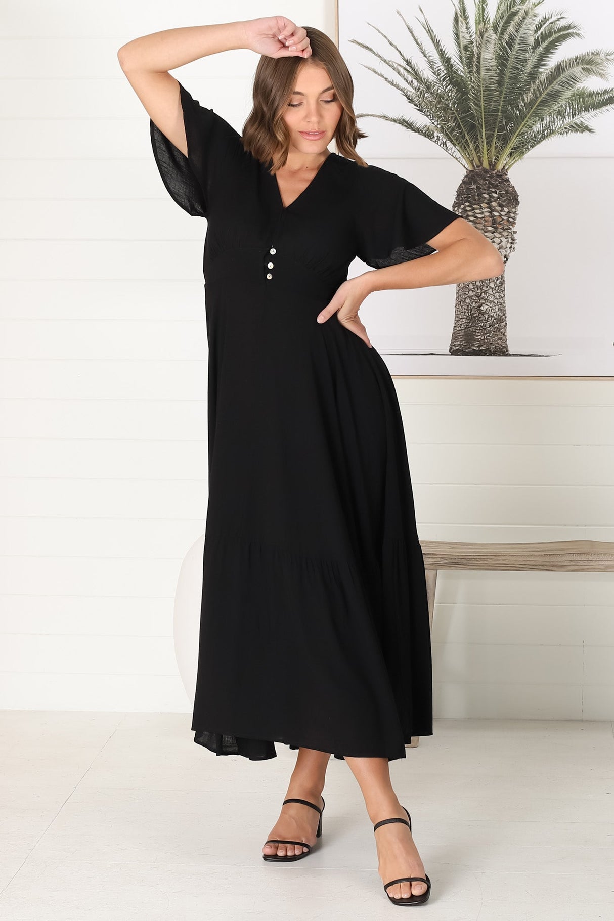 Libby Maxi Dress - Flutter Cap Sleeve Button Waist Detailed A Line Dress in Black