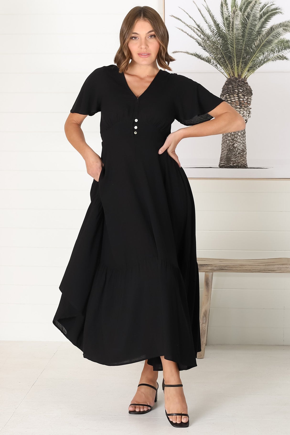 Libby Maxi Dress - Flutter Cap Sleeve Button Waist Detailed A Line Dress in Black