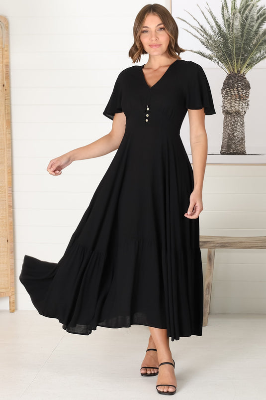 Libby Maxi Dress - Flutter Cap Sleeve Button Waist Detailed A Line Dress in Black
