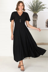 Libby Maxi Dress - Flutter Cap Sleeve Button Waist Detailed A Line Dress in Black