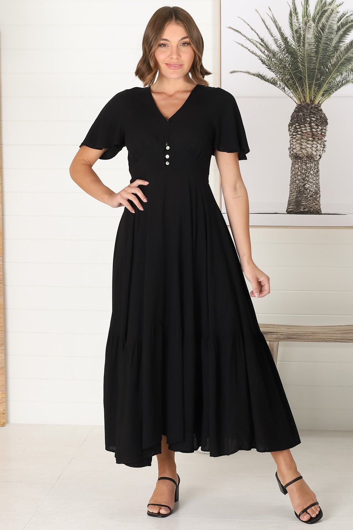 Libby Maxi Dress - Flutter Cap Sleeve Button Waist Detailed A Line Dress in Black