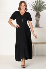 Libby Maxi Dress - Flutter Cap Sleeve Button Waist Detailed A Line Dress in Black