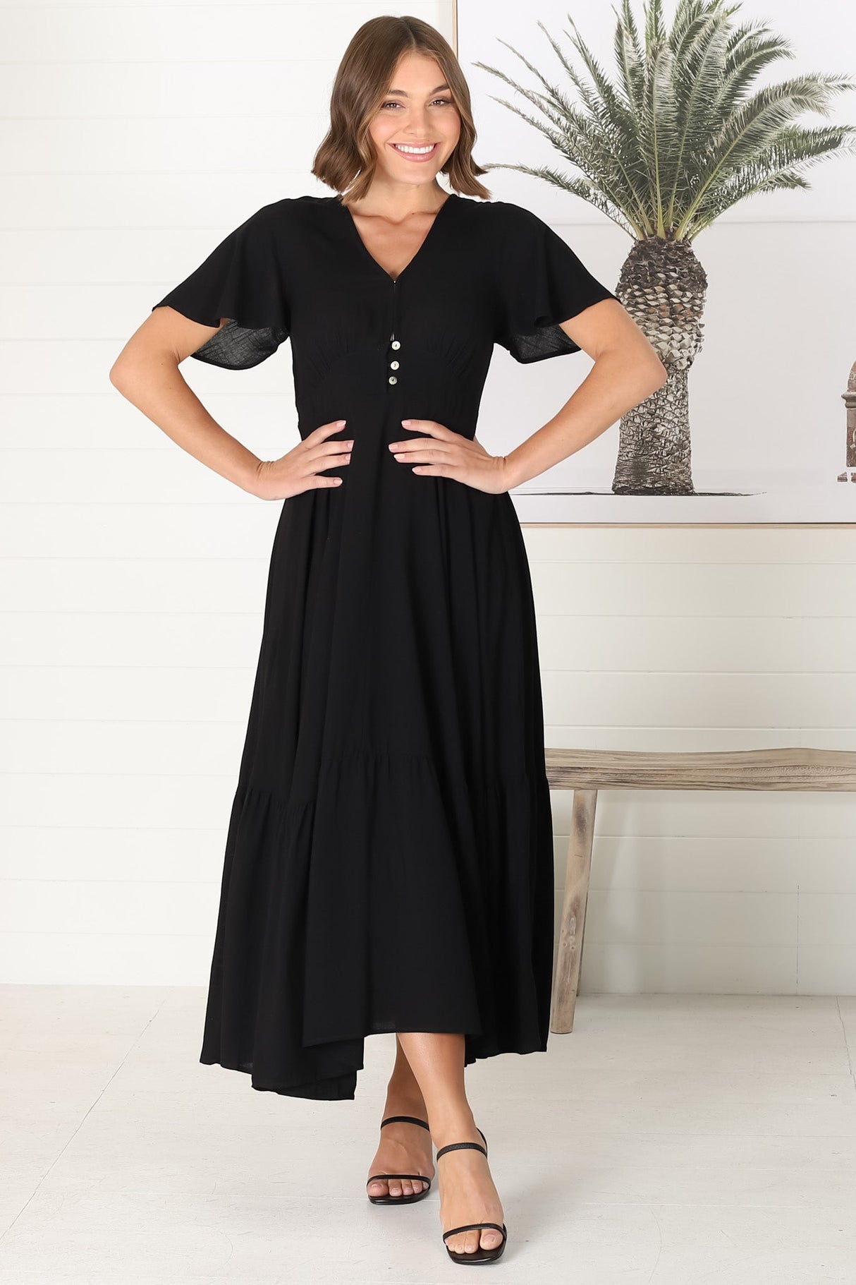 Libby Maxi Dress - Flutter Cap Sleeve Button Waist Detailed A Line Dress in Black