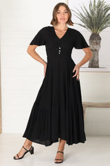 Libby Maxi Dress - Flutter Cap Sleeve Button Waist Detailed A Line Dress in Black