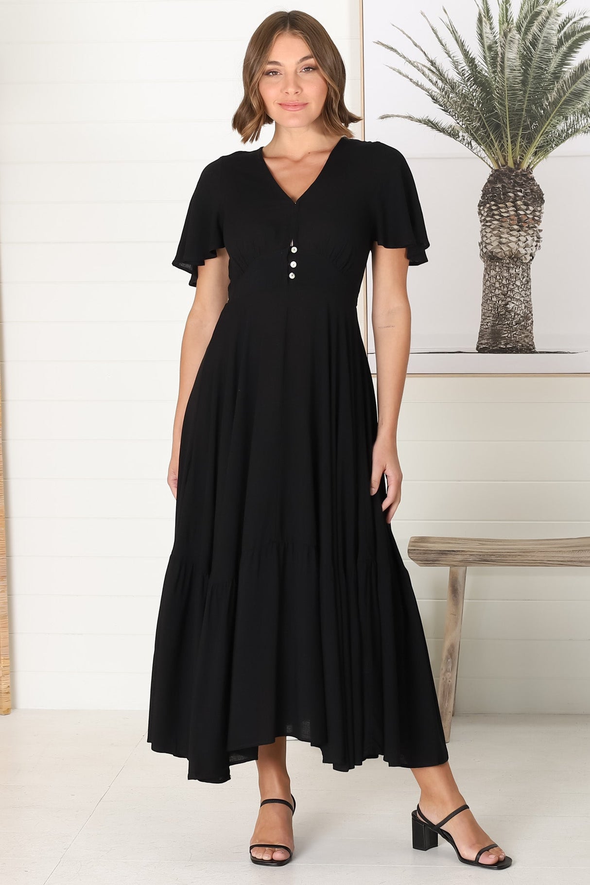 Libby Maxi Dress - Flutter Cap Sleeve Button Waist Detailed A Line Dress in Black