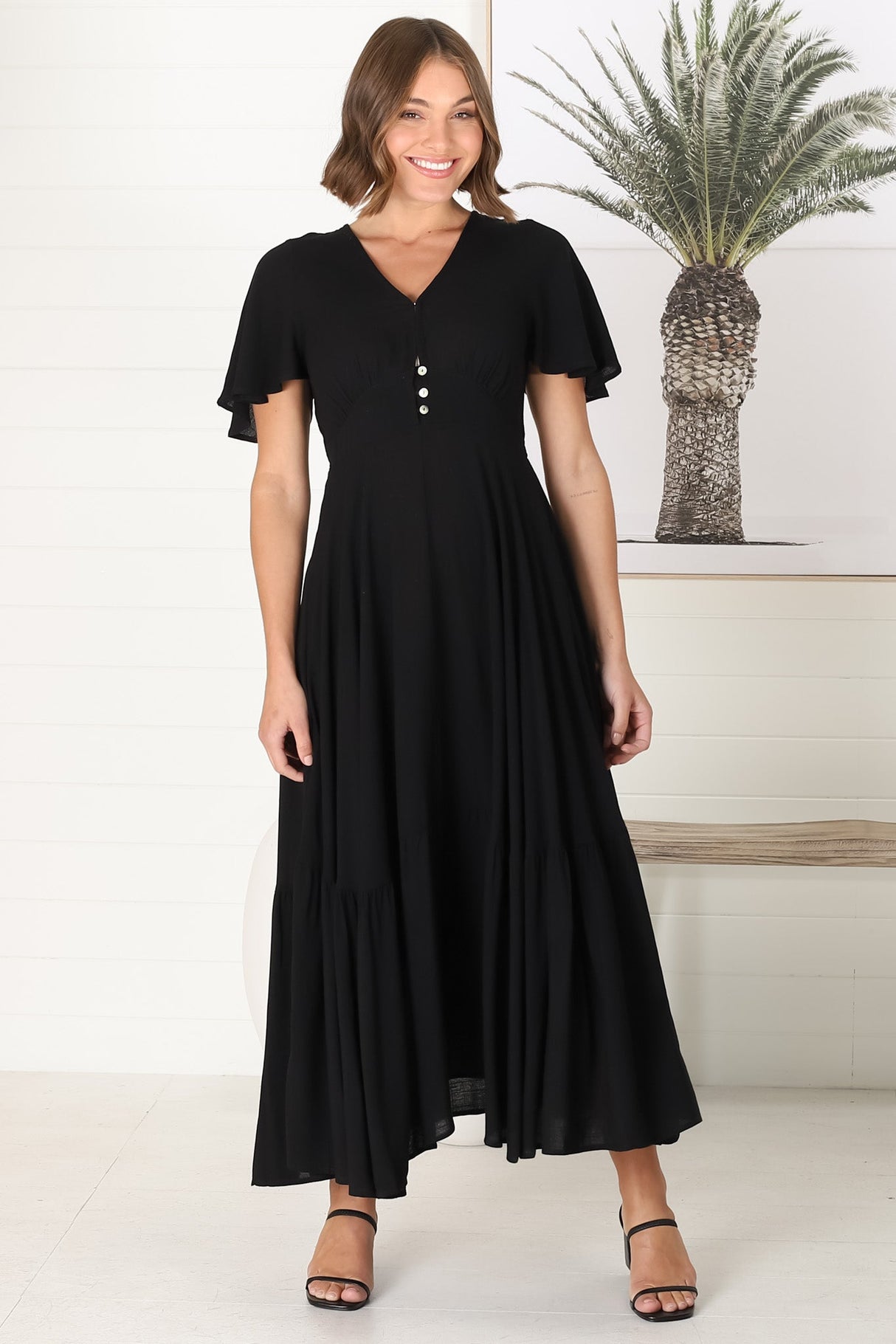 Libby Maxi Dress - Flutter Cap Sleeve Button Waist Detailed A Line Dress in Black