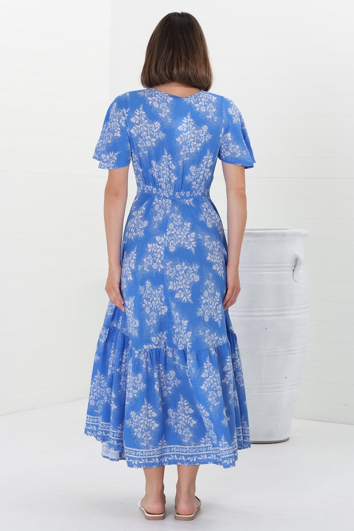 Libby Maxi Dress - Flutter Cap Sleeve Button Waist Detailed A Line Dress in Bridgette Print