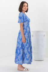 Libby Maxi Dress - Flutter Cap Sleeve Button Waist Detailed A Line Dress in Bridgette Print