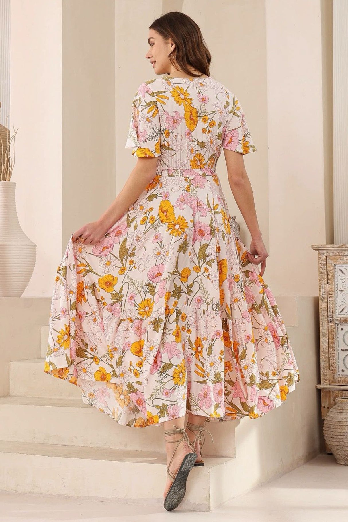 Libby Maxi Dress - Flutter Cap Sleeve Button Waist Detailed A Line Dress in Cyrena Print