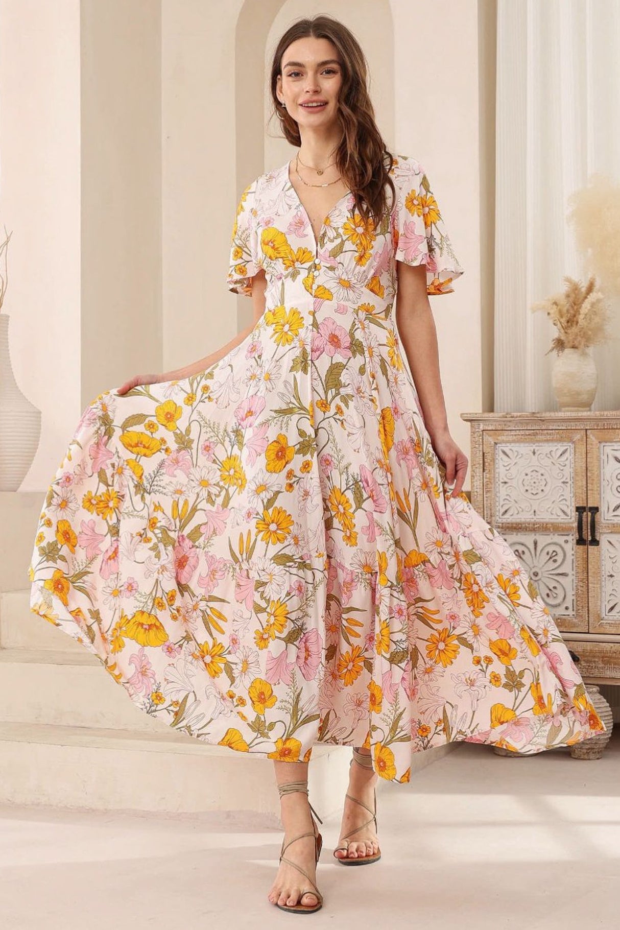 Libby Maxi Dress - Flutter Cap Sleeve Button Waist Detailed A Line Dress in Cyrena Print