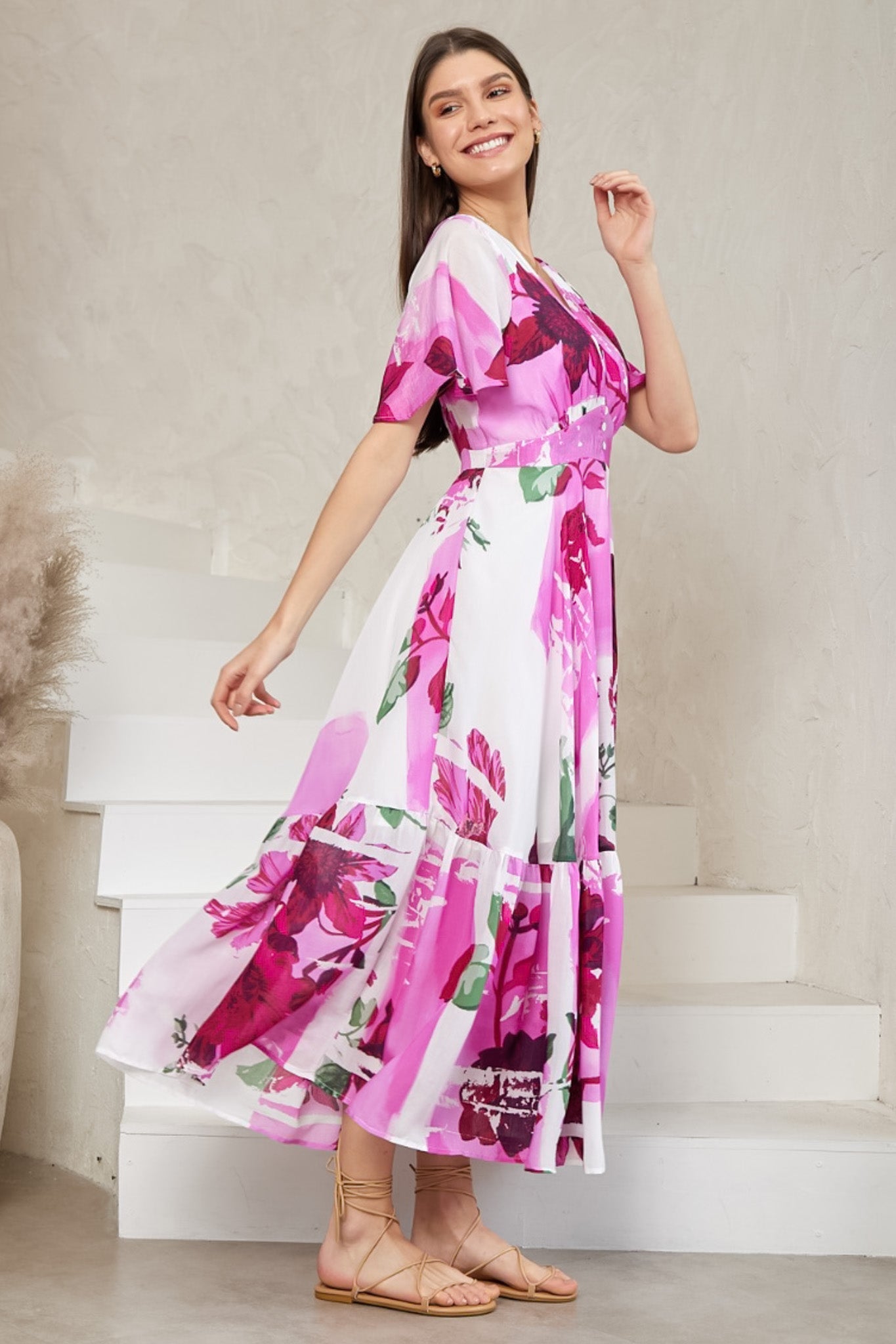 Libby Maxi Dress - Flutter Cap Sleeve Button Waist Detailed A Line Dress in Flori Print