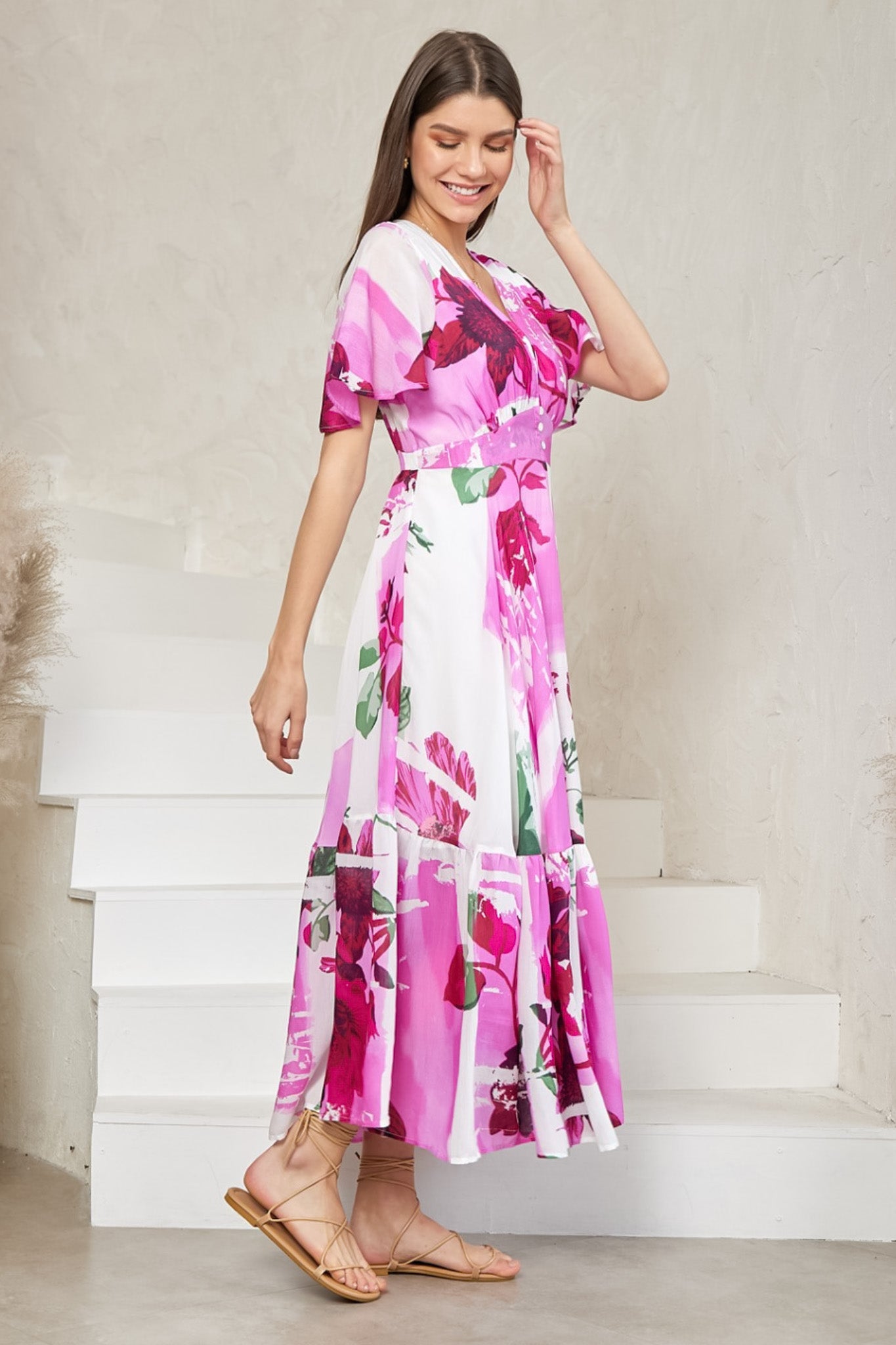 Libby Maxi Dress - Flutter Cap Sleeve Button Waist Detailed A Line Dress in Flori Print