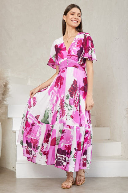 Libby Maxi Dress - Flutter Cap Sleeve Button Waist Detailed A Line Dress in Flori Print