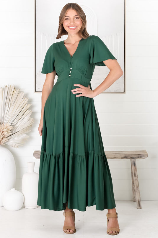 Libby Maxi Dress - Flutter Cap Sleeve Button Waist Detailed A Line Dress in Green