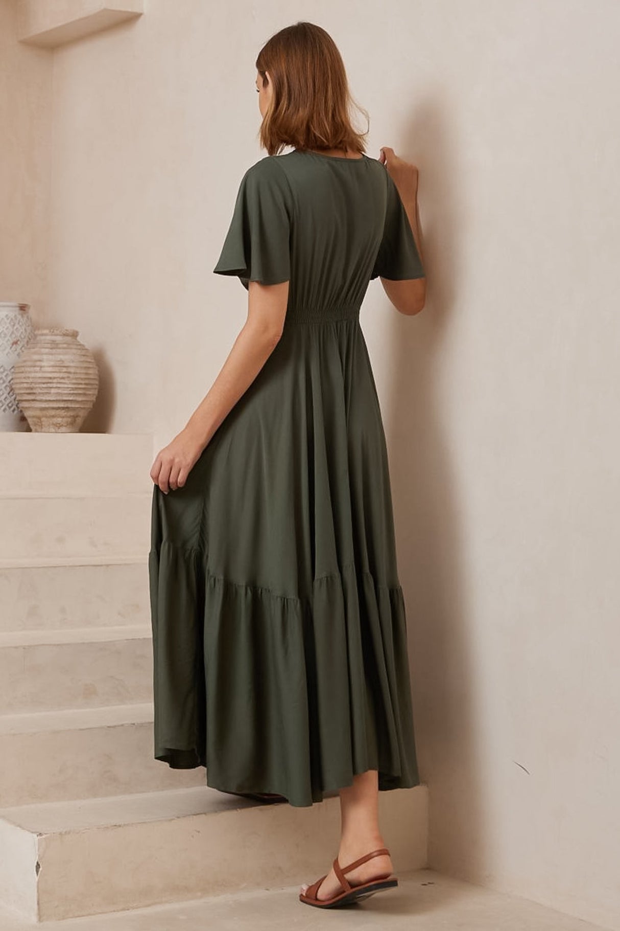 Libby Maxi Dress - Flutter Cap Sleeve Button Waist Detailed A Line Dress in Khaki