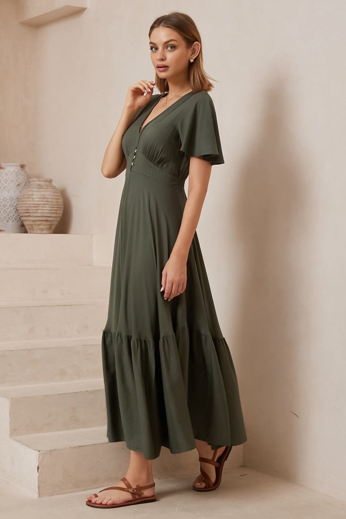 Libby Maxi Dress - Flutter Cap Sleeve Button Waist Detailed A Line Dress in Khaki