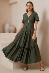 Libby Maxi Dress - Flutter Cap Sleeve Button Waist Detailed A Line Dress in Khaki