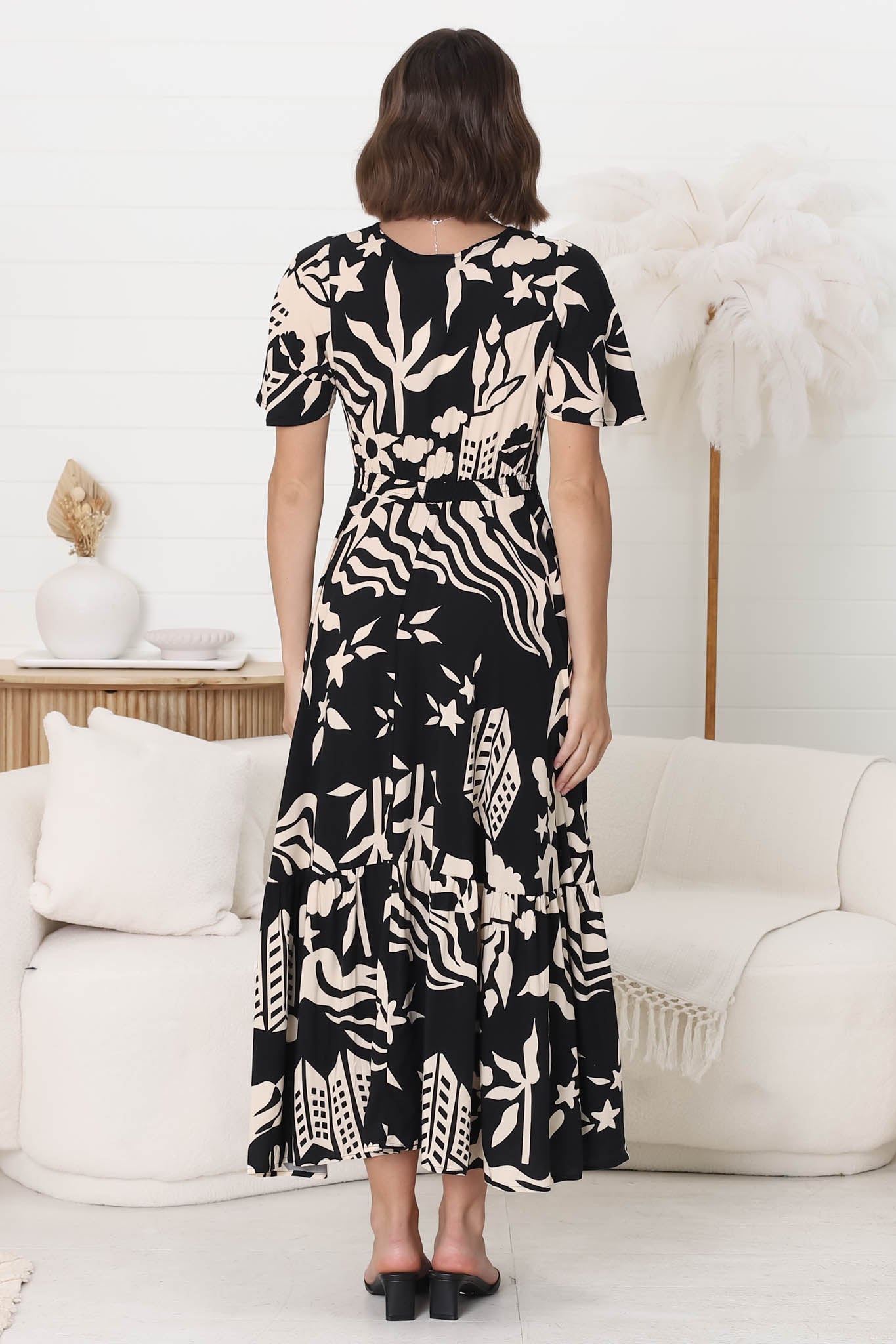 Libby Maxi Dress - Flutter Cap Sleeve Button Waist Detailed A Line Dress in Salt Lake Print