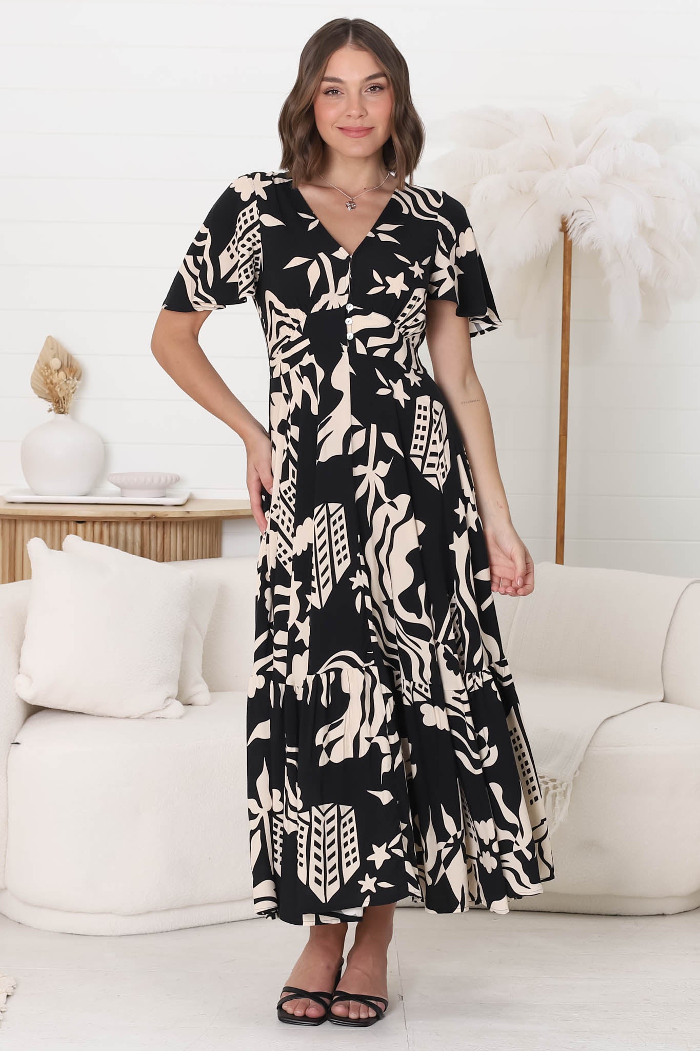 Libby Maxi Dress - Flutter Cap Sleeve Button Waist Detailed A Line Dress in Salt Lake Print