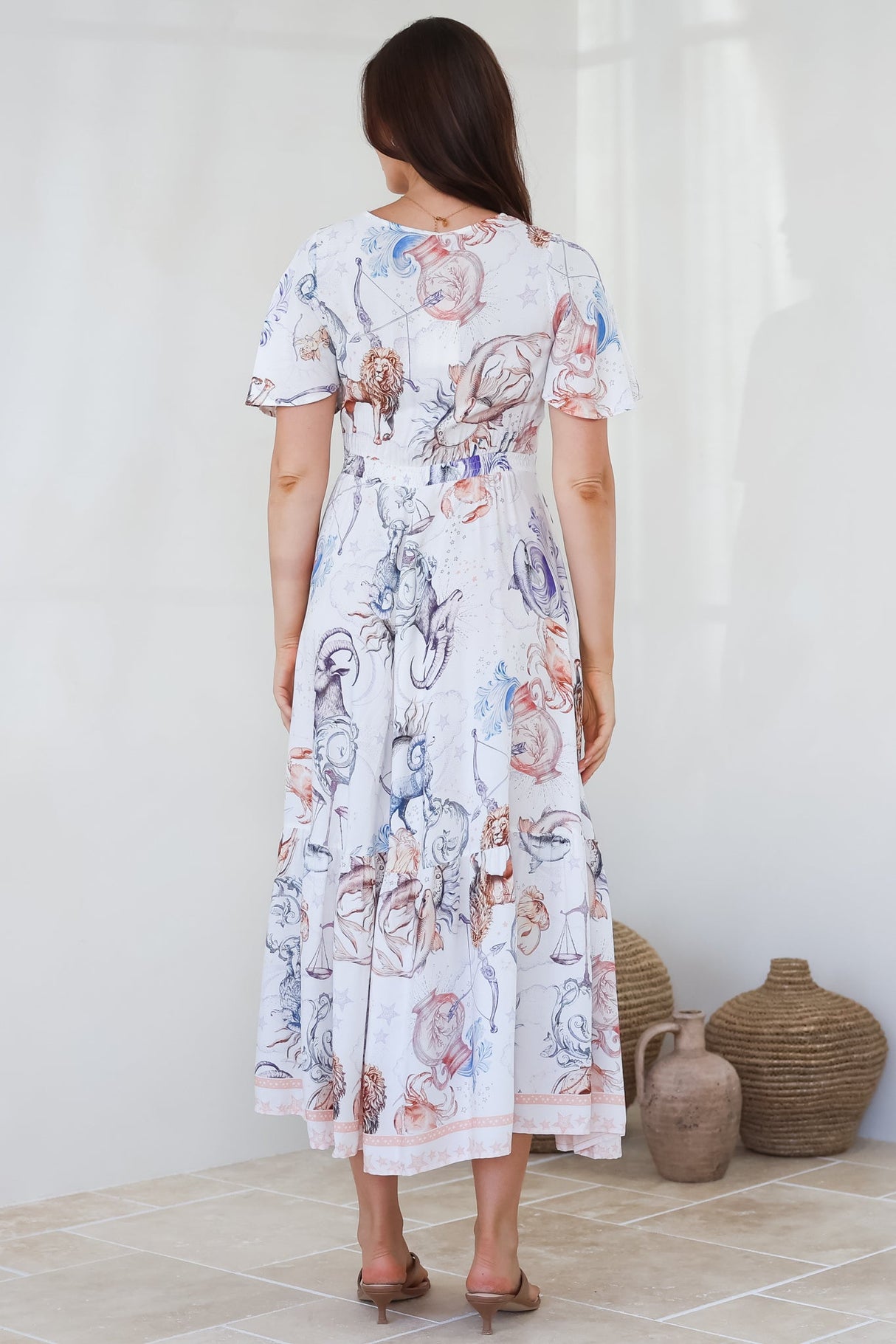 Libby Maxi Dress - Flutter Cap Sleeve Button Waist Detailed A Line Dress in Zodiac Print