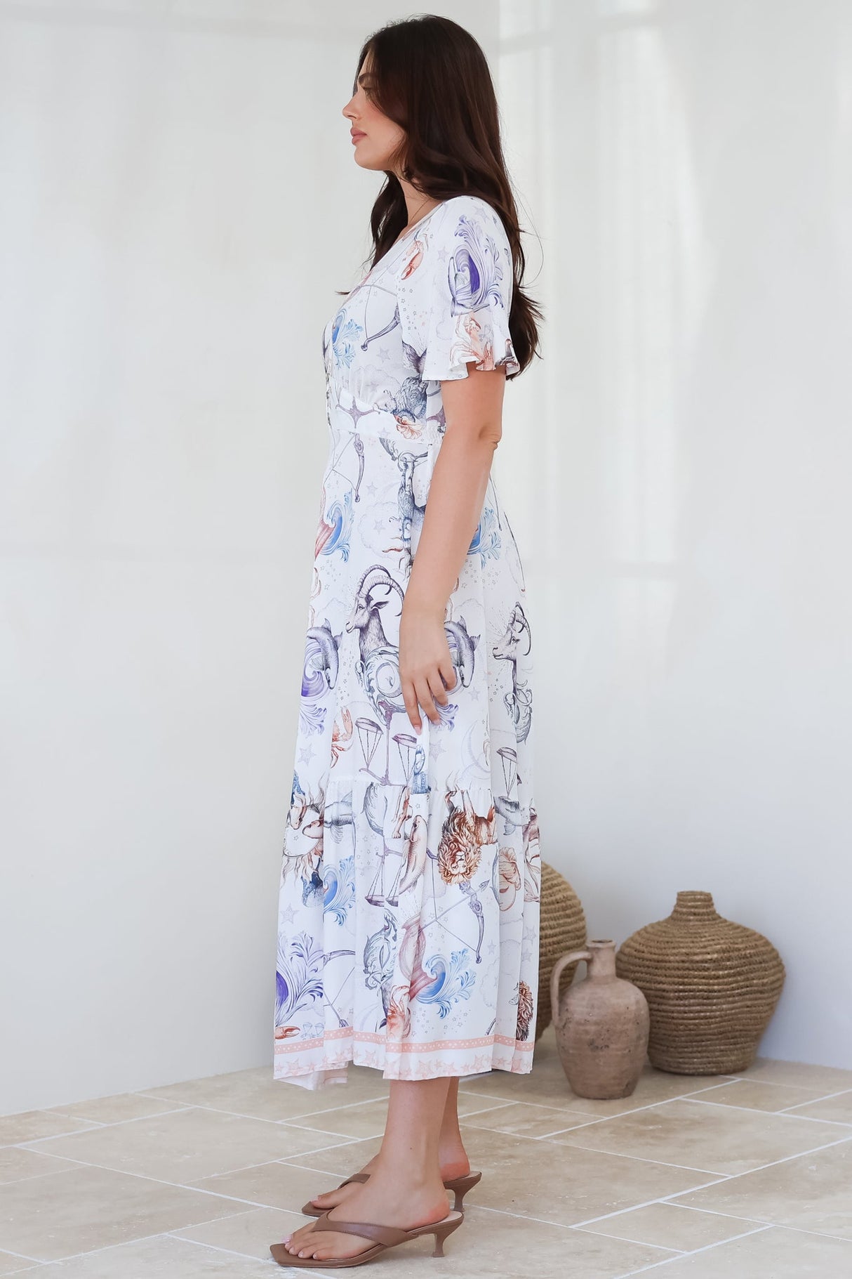 Libby Maxi Dress - Flutter Cap Sleeve Button Waist Detailed A Line Dress in Zodiac Print