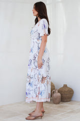 Libby Maxi Dress - Flutter Cap Sleeve Button Waist Detailed A Line Dress in Zodiac Print