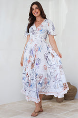 Libby Maxi Dress - Flutter Cap Sleeve Button Waist Detailed A Line Dress in Zodiac Print