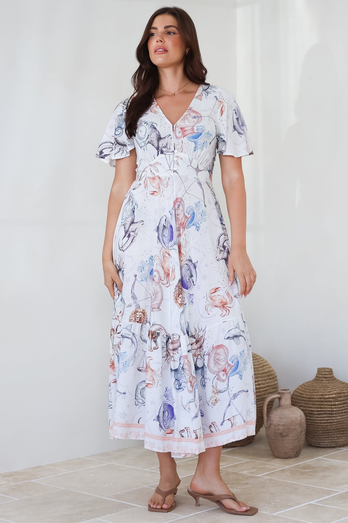 Libby Maxi Dress - Flutter Cap Sleeve Button Waist Detailed A Line Dress in Zodiac Print