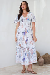 Libby Maxi Dress - Flutter Cap Sleeve Button Waist Detailed A Line Dress in Zodiac Print