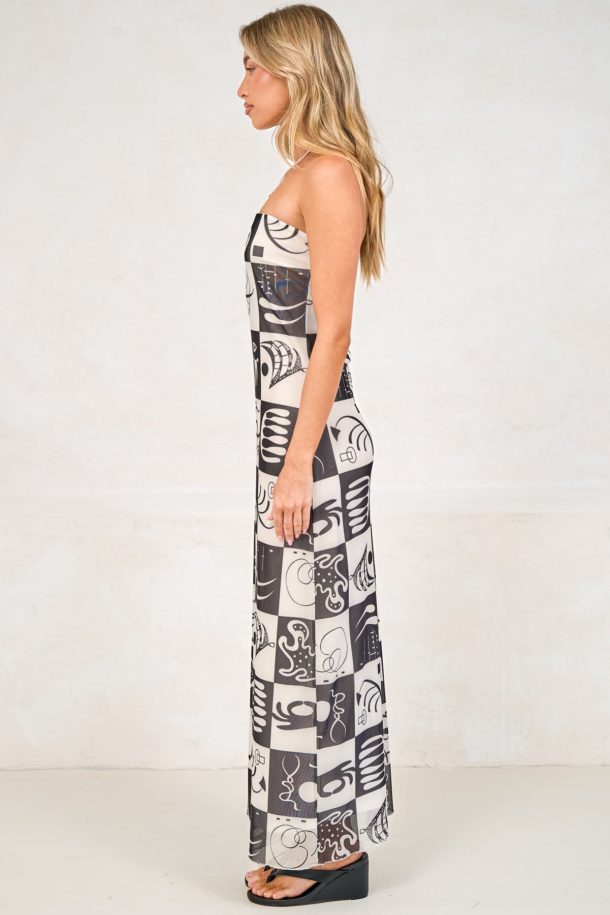 Liberty Maxi Dress - Strapless Mesh Overlay A Line Dress in Lavande Print Black