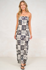 Liberty Maxi Dress - Strapless Mesh Overlay A Line Dress in Lavande Print Black