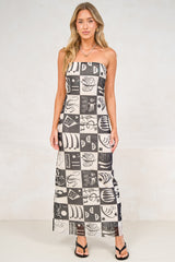 Liberty Maxi Dress - Strapless Mesh Overlay A Line Dress in Lavande Print Black
