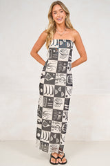Liberty Maxi Dress - Strapless Mesh Overlay A Line Dress in Lavande Print Black
