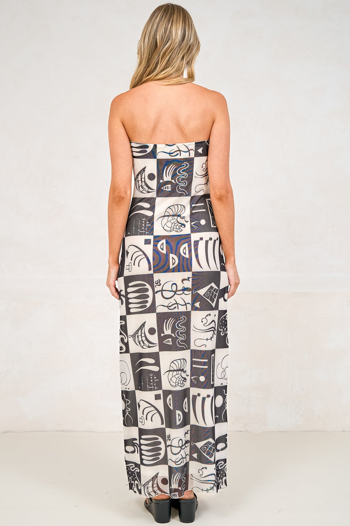 Liberty Maxi Dress - Strapless Mesh Overlay A Line Dress in Lavande Print Black