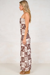 Liberty Maxi Dress - Strapless Mesh Overlay A Line Dress in Lavande Print Brown