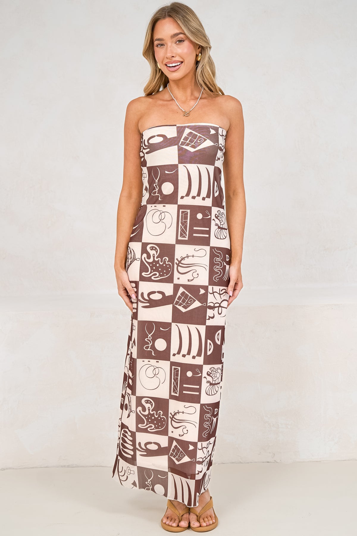 Liberty Maxi Dress - Strapless Mesh Overlay A Line Dress in Lavande Print Brown