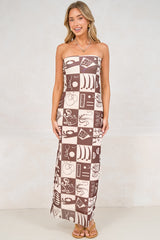 Liberty Maxi Dress - Strapless Mesh Overlay A Line Dress in Lavande Print Brown