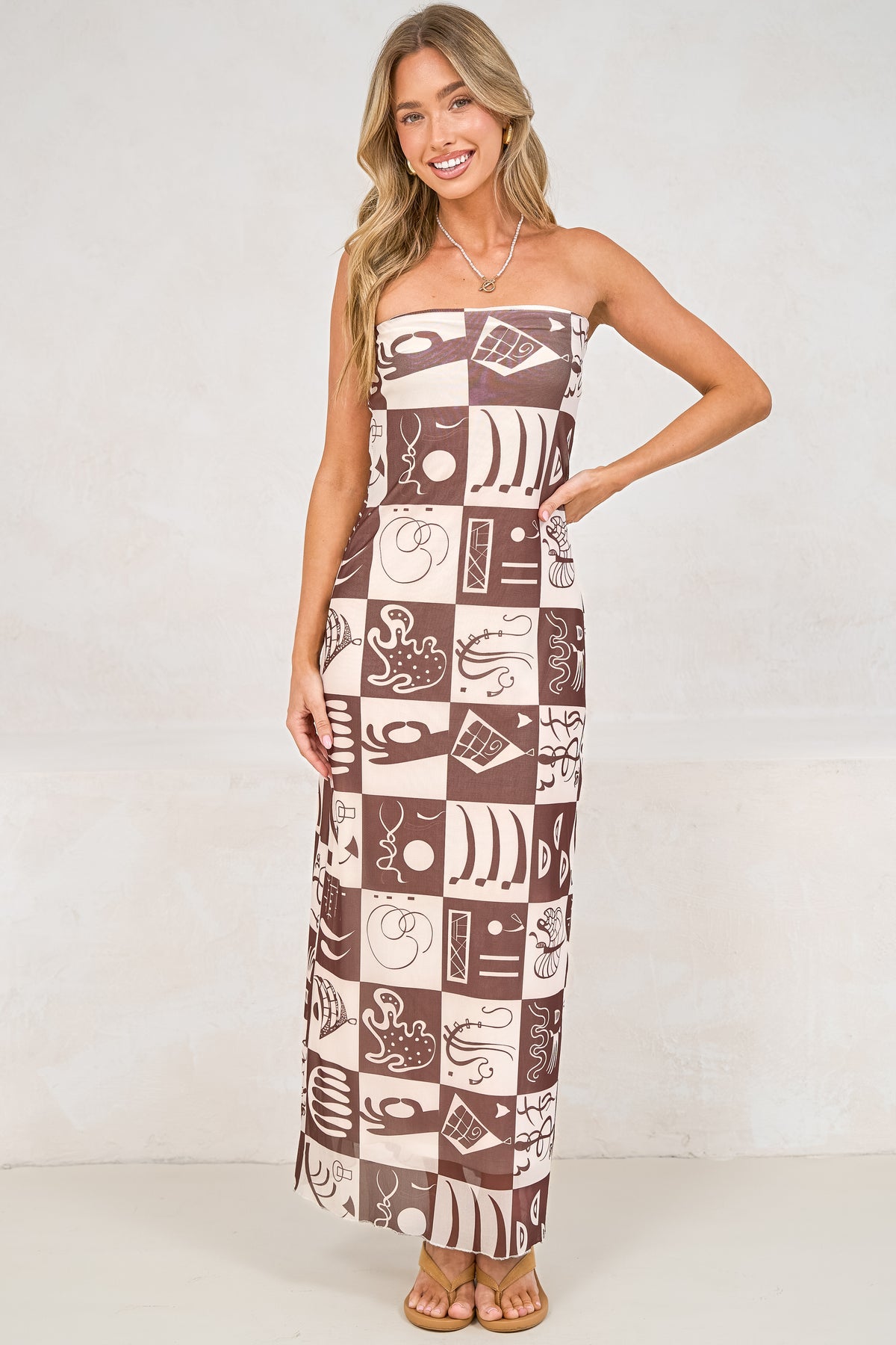 Liberty Maxi Dress - Strapless Mesh Overlay A Line Dress in Lavande Print Brown