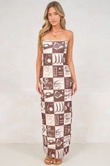 Liberty Maxi Dress - Strapless Mesh Overlay A Line Dress in Lavande Print Brown