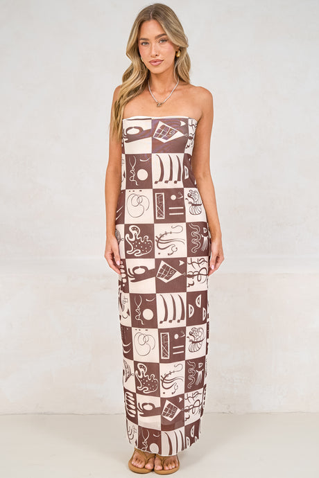 Liberty Maxi Dress - Strapless Mesh Overlay A Line Dress in Lavande Print Brown